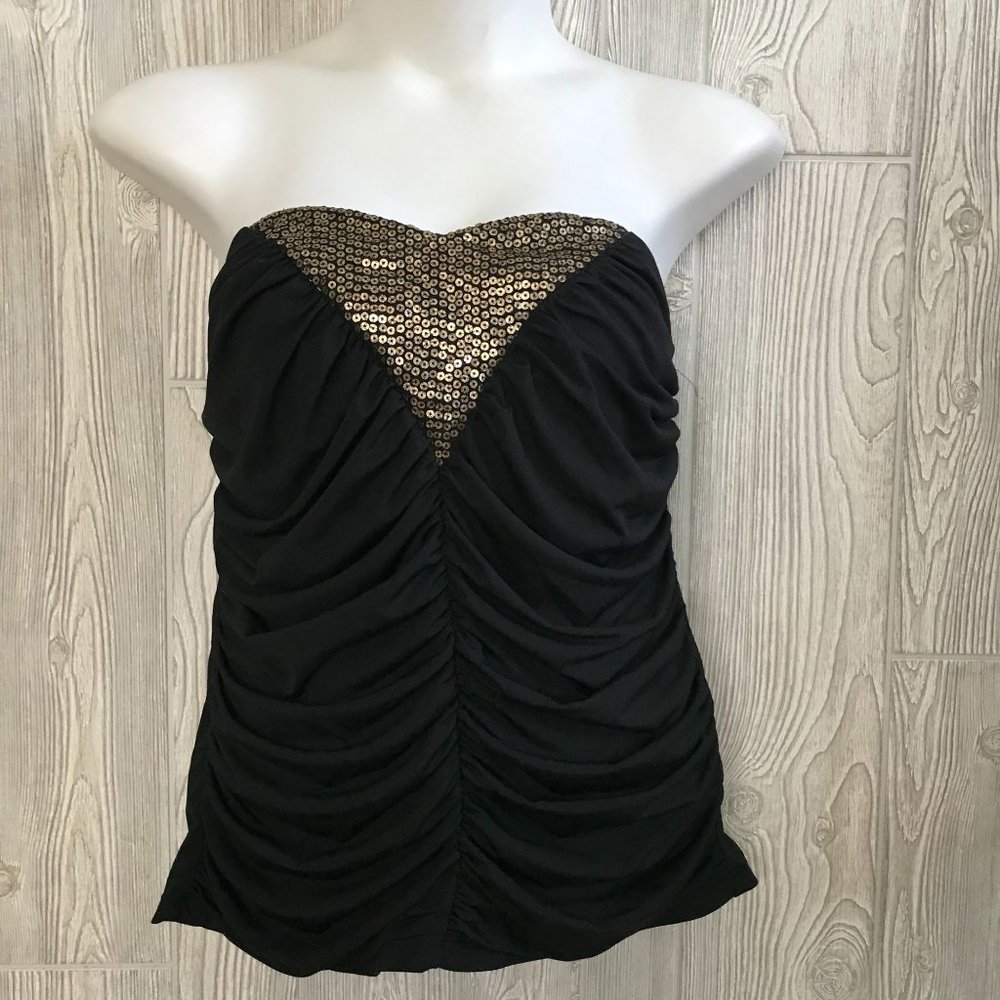 Vintage Torrid Strapless Black Ruched Sleeveless Tube Top Gold Sequin 1X